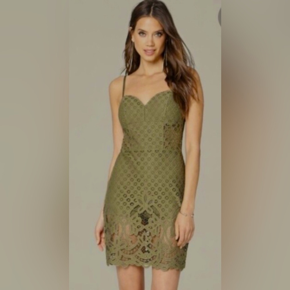 Bebe Olive Green Lace Dress Size 2 shorts under dress